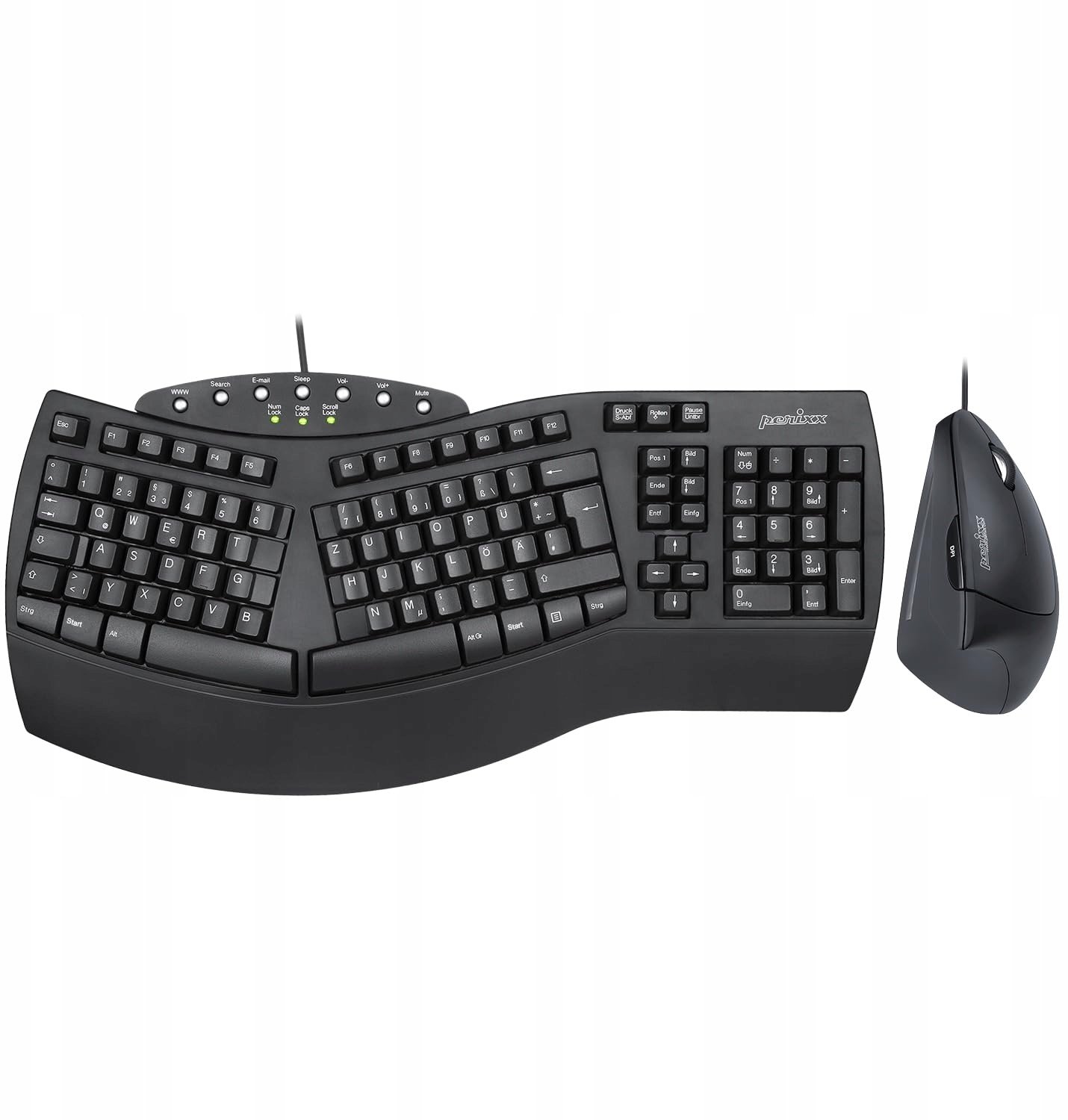 Set tastierë dhe maus Perixx PERIDUO-512 DE B, ergonomik, me kabllo, QWERTZ, i zi