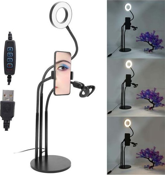 Lampë LED Ecobox Ring, 12W, 3 ngjyra drite, me tripod selfie, e zezë
