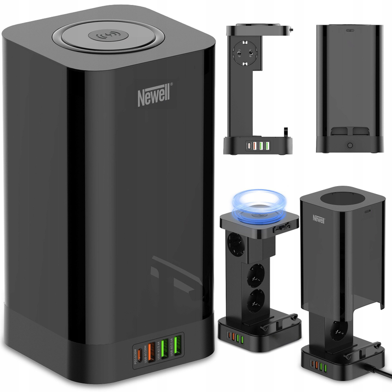Stacion energjie Newell GaN Power Cube 8 in 1, 4 priza, USB A USB C dhe karikues wireless 15W, i zi