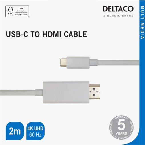 Kabllo video Deltaco USB C në HDMI, 4K UHD, 2m, e bardhë