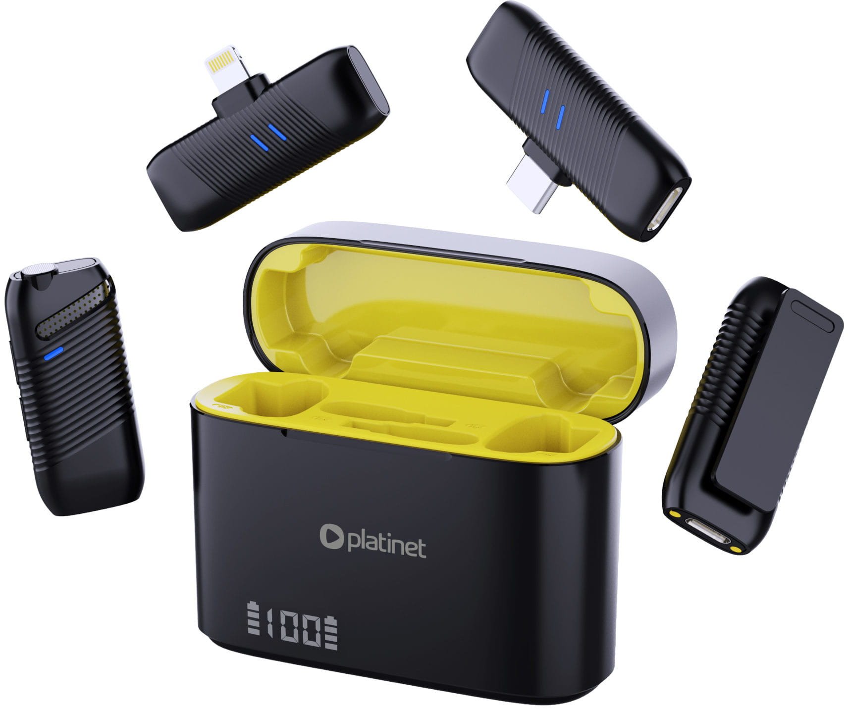 Mikrofon wireless lavalier Platinet 2 në 1, dy mikrofona, me kuti karikimi