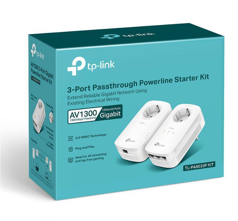 Adapter powerline TP-Link AV1300 TL-PA8033P KIT, 1300 Mbps, 3x Gigabit Ethernet, me prizë passthrough, i bardhë