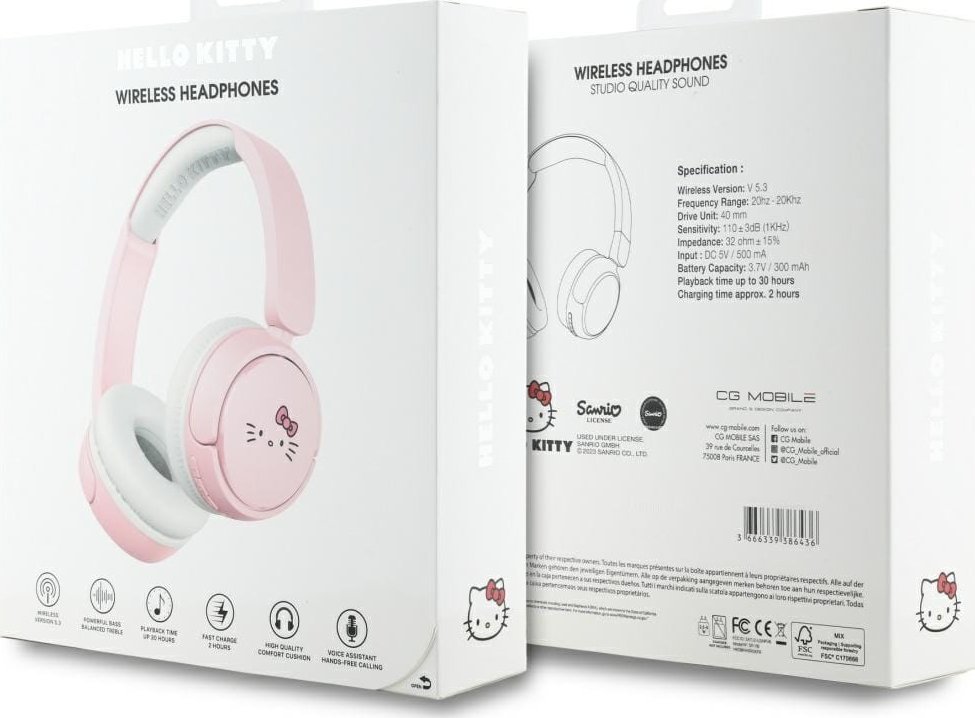 Kufje Bluetooth Hello Kitty HKOBHV6ROKFP, wireless, over ear, rozë