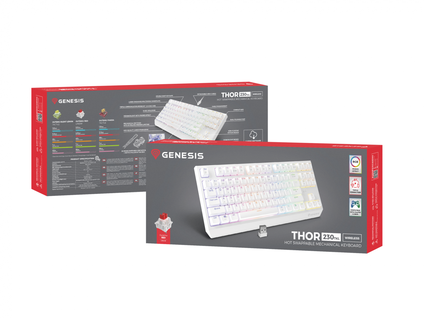 Tastierë wireless mekanike Genesis Thor 230 TKL, RGB, Outemu Red, e bardhë