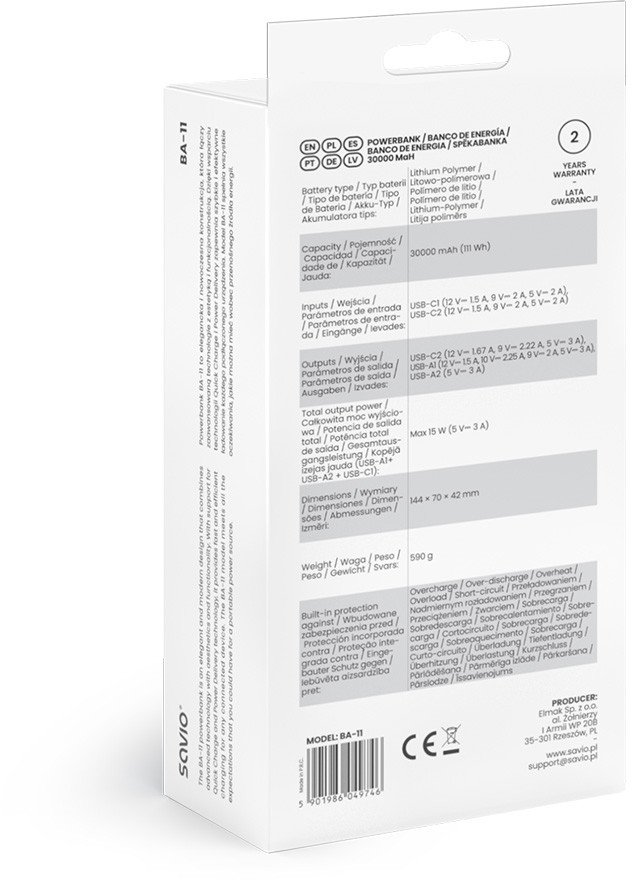 Powerbank Savio BA-11, 30000mAh, 111Wh, i bardhë