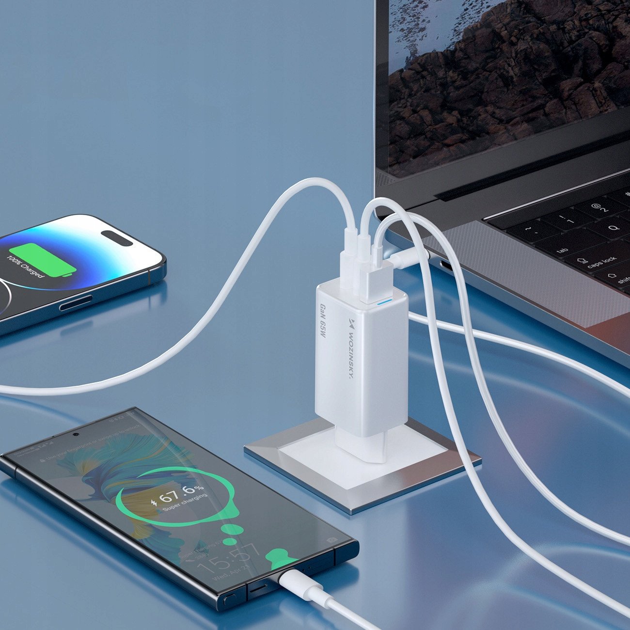 Karikues USB Wozinsky GaN 65W, 2x USB C, USB A, me kabllo 65W, i bardhë
