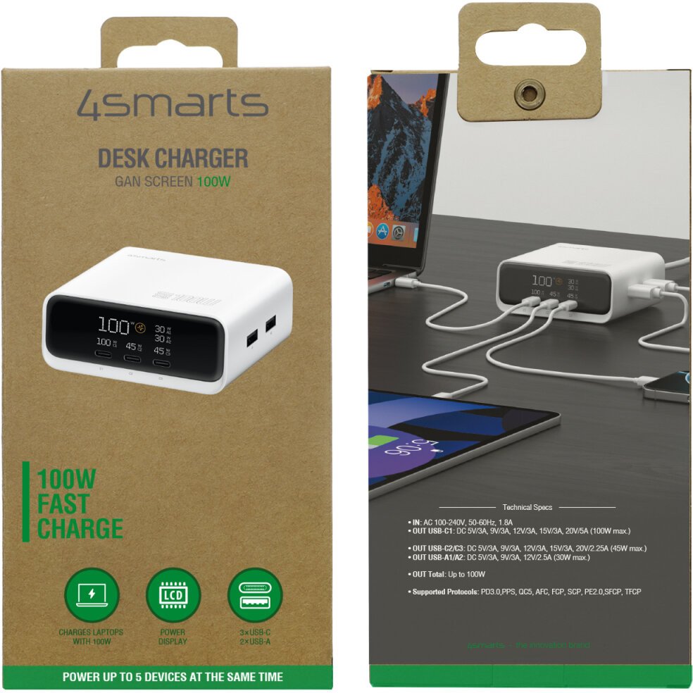Karikues tavoline 4smarts Desk Charger GaN Screen, 100W, 3x USB C 2x USB A, i bardhë