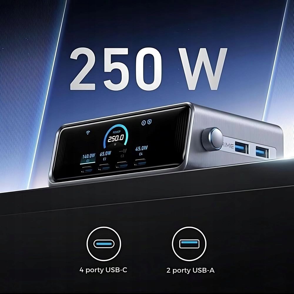 Ngarkues tavoline Anker Prime 250W, 6 porta, GaNPrime, me ekran LCD