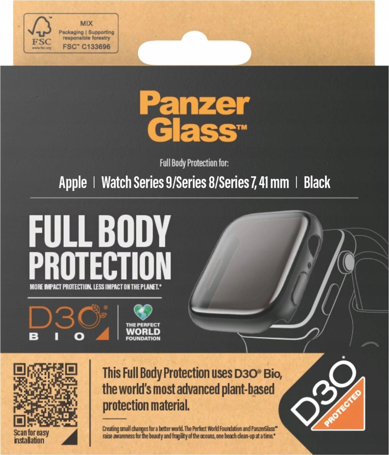 Mbrojtës ekrani PanzerGlass Apple Watch Series 9, 41mm, Full Body, i zi transparent