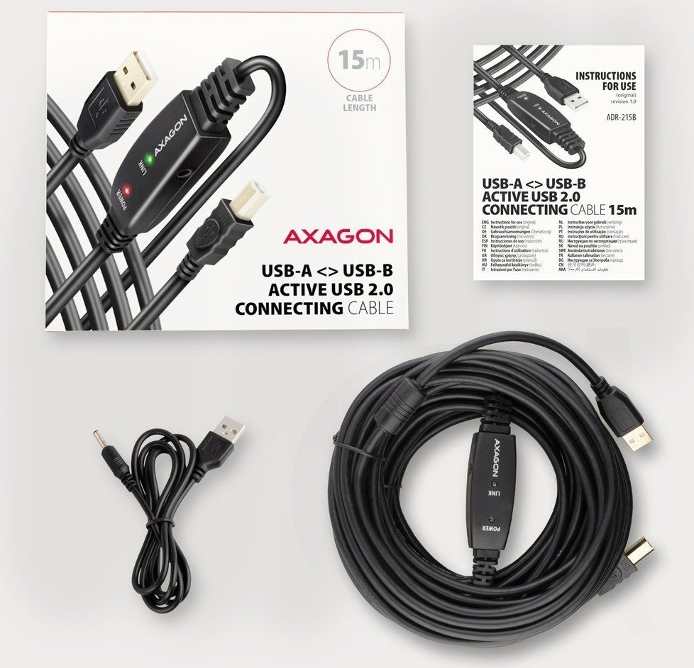 Kabllo USB Axagon ADR-215B, USB-A në USB-B, 15 m, e zezë