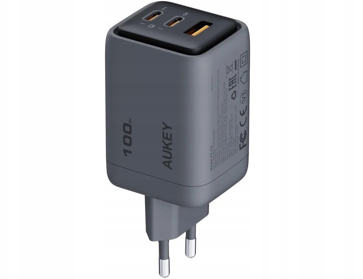 Karikues muror Aukey PA-C5 Comet Mix 3, 100W, 2x USB-C dhe 1x USB, gri