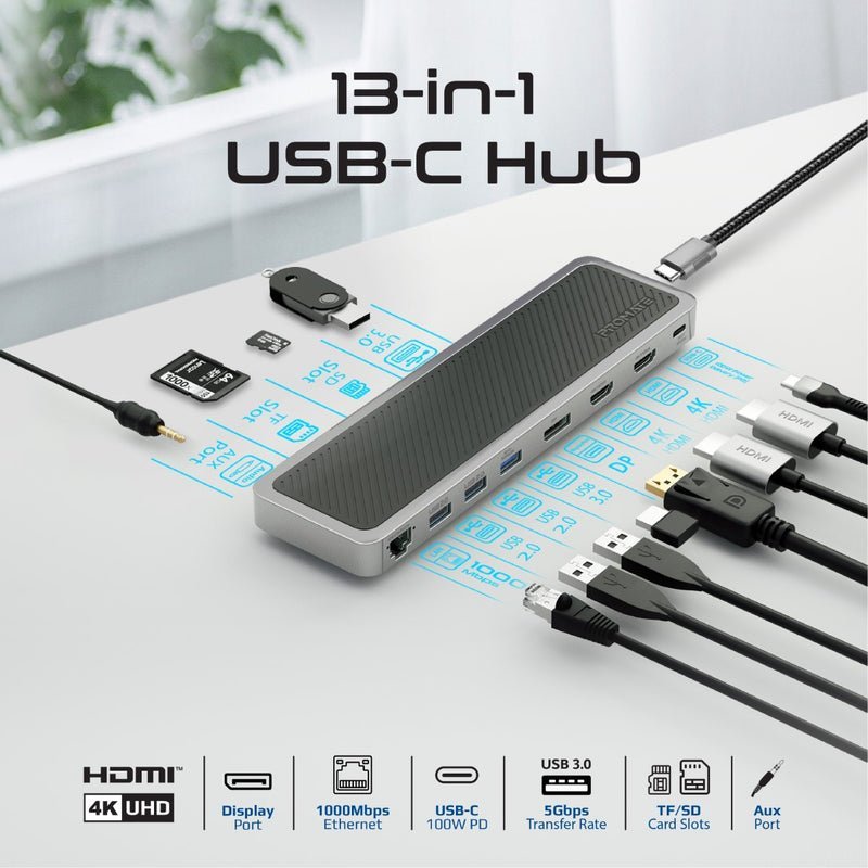 Docking station ProMate ApexHub-MST 13in1, USB-C, HDMI DisplayPort LAN, gri