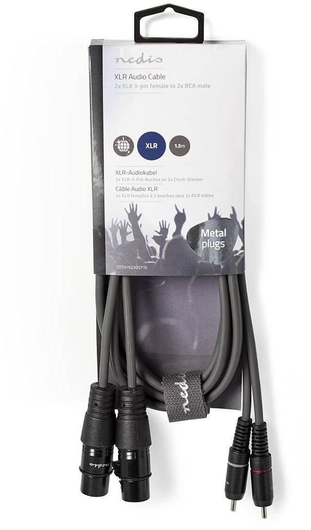 Kabllo audio Nedis OnStage, 2x XLR 3 pin femër në 2x RCA mashkull, 1.5 m, gri