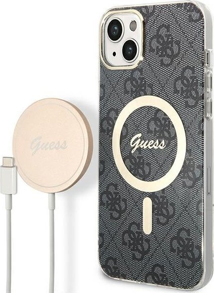 Set aksesorësh Guess GUBPP14MH4EACSK për iPhone 14 Plus, husë hardcase 4G Print MagSafe, karikues wireless, e zezë