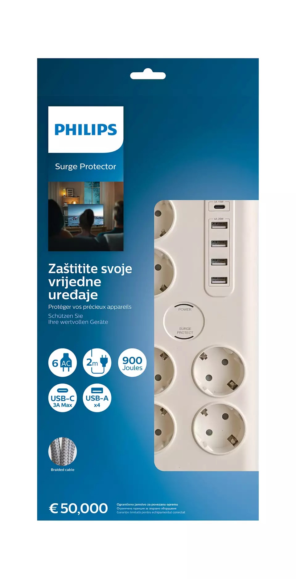 Kabllo vazhduese Philips SPN7060WA/58, surge protection, 6 dalje, 4 usb 1 type-C, 2m, e bardhë