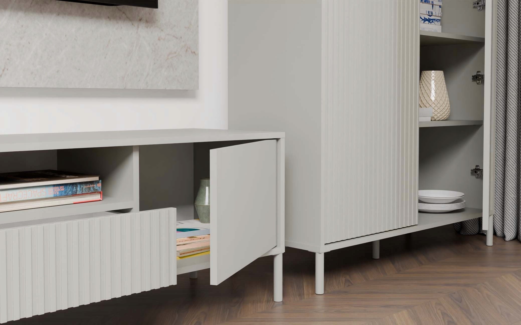 Kabinet TV KAMARO 160, MDF, me rafte dhe dollapë, bezh kashmiri