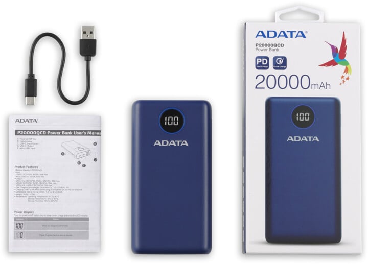 Powerbank ADATA P20000QCD, 20000mAh, i kaltër