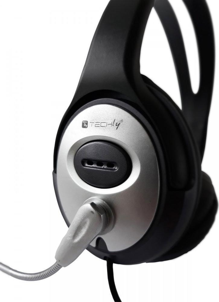 Kufje stereo për kompjuter Techly, me mikrofon, me kabllo, zi argjend
