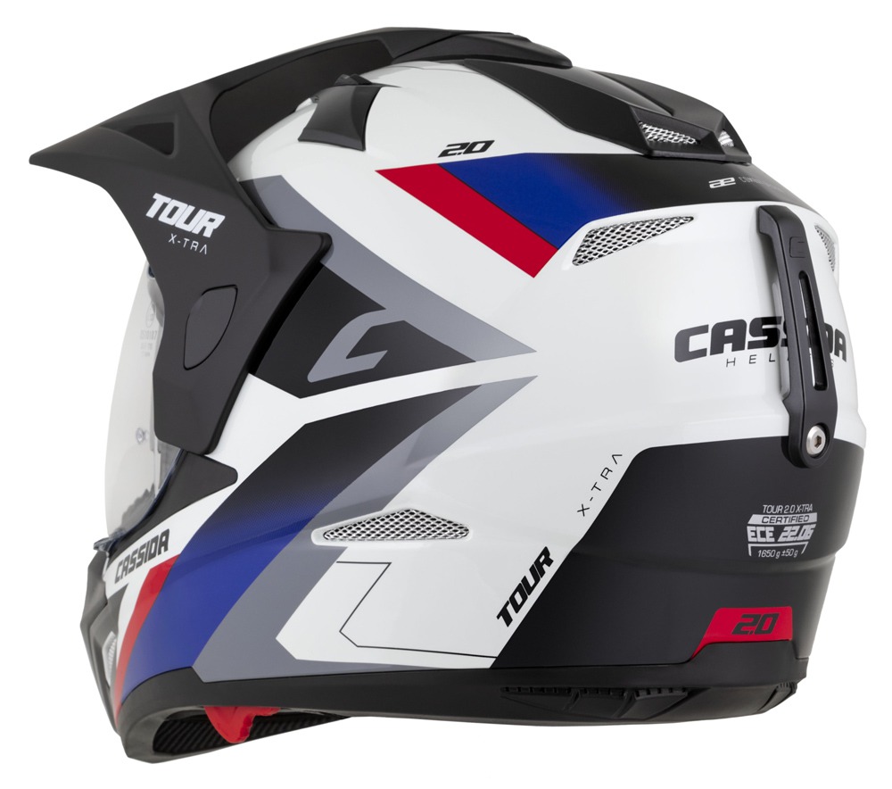 Helmetë moto CASSIDA Tour 2.0 X-tra, Pinlock ready, ECE 22.06, e bardhë kaltërosh kuqe zi