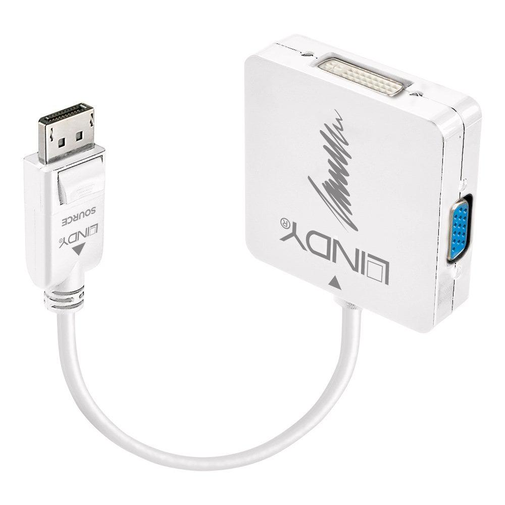 Adaptor Lindy DisplayPort 1.2 në HDMI DVI VGA, aktiv, 4K 30Hz, i zi