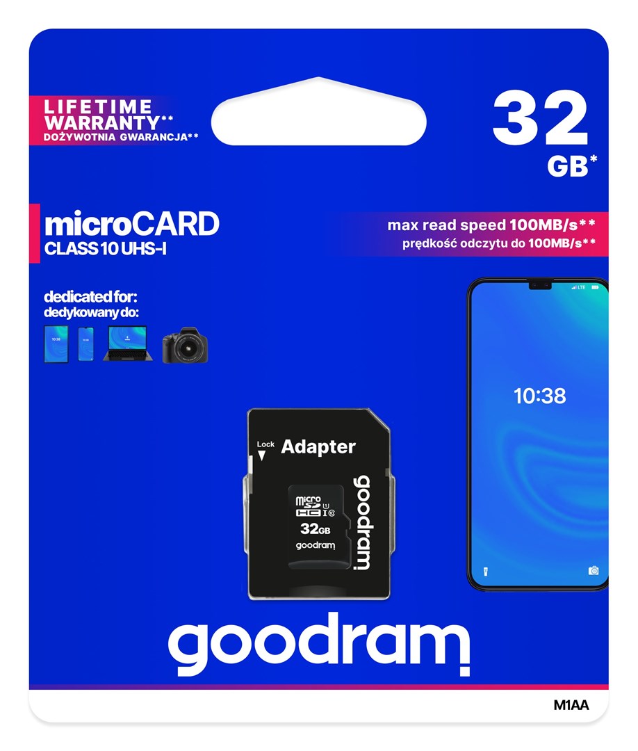 Kartë e memories GOODRAM M1AA-0320R12, MicroSDHC, 32 GB, Class 10 + përshtatës SD