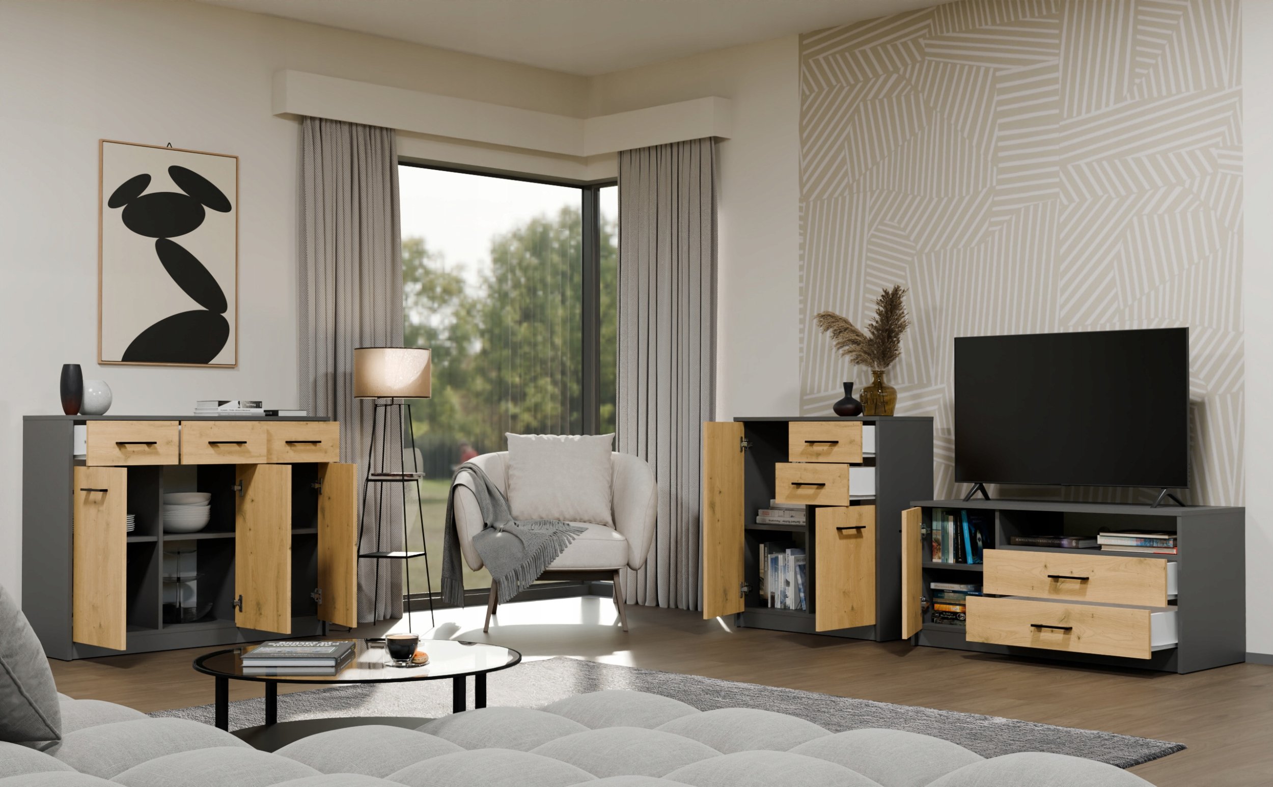 Kabinet TV SIMPLO 1D2S, 2 sirtarë, 1 derë, antracit dhe oak artisan