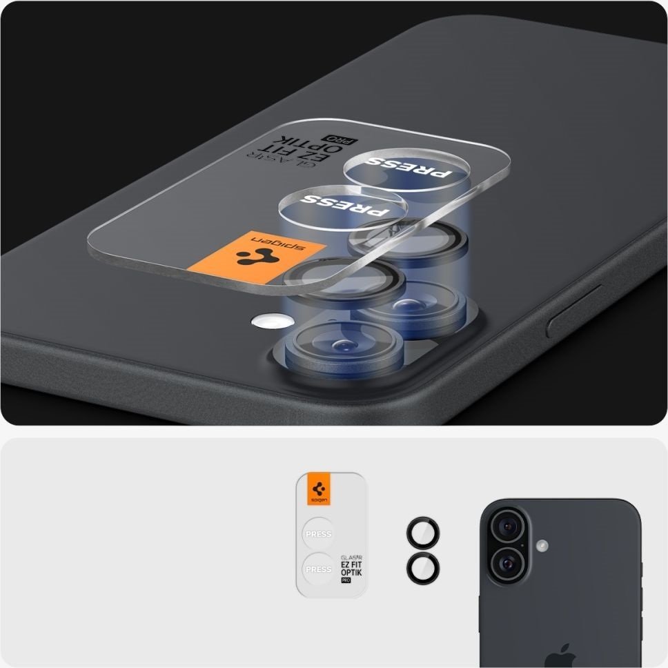 Mbrojtës kamere Spigen Glass tR EZ Fit Optik Pro, 2 copë, për iPhone 16 16 Plus, i zi