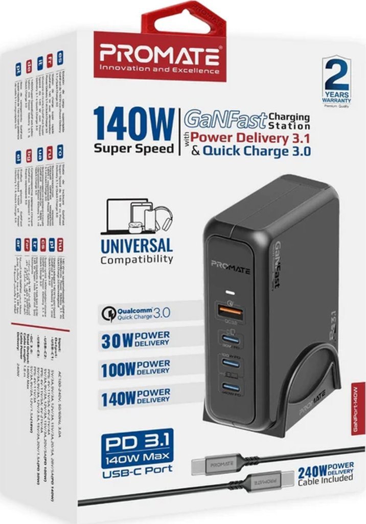 Karikues mural ProMate GaNPort 140W, 3x USB C, Quick Charge 3.0, i zi