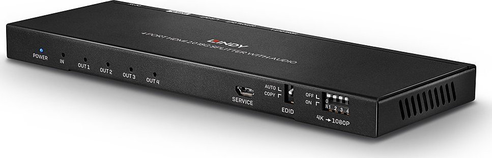 Splitter HDMI Lindy 38231, 4 porta 4K UHD, dalje audio optike dhe analoge, i zi