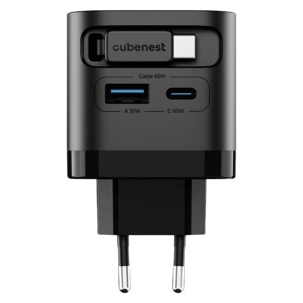 Полнач Cubenest S3D2 PD GaN, 65W, со USB C кабел, црн