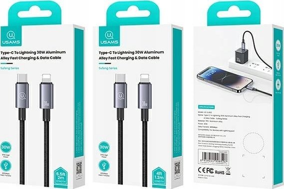 Kabllo karikimi Usams SJ662 USB C në Lightning, 30W, 1.2m, çelik