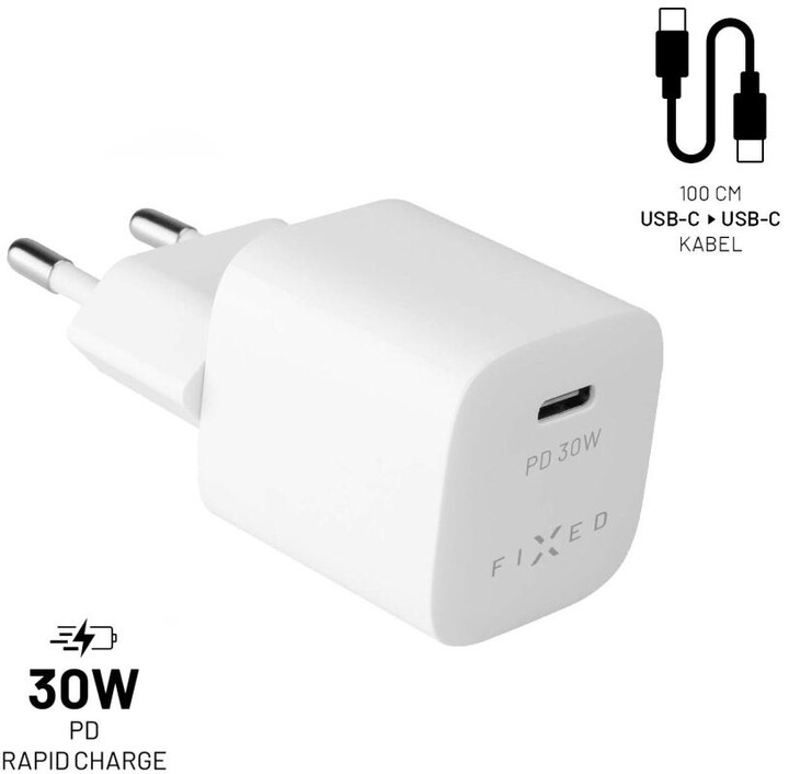 Karikues FIXED Mini USB-C, PD, 30W, USB-C - USB-C, 1m, bardhë