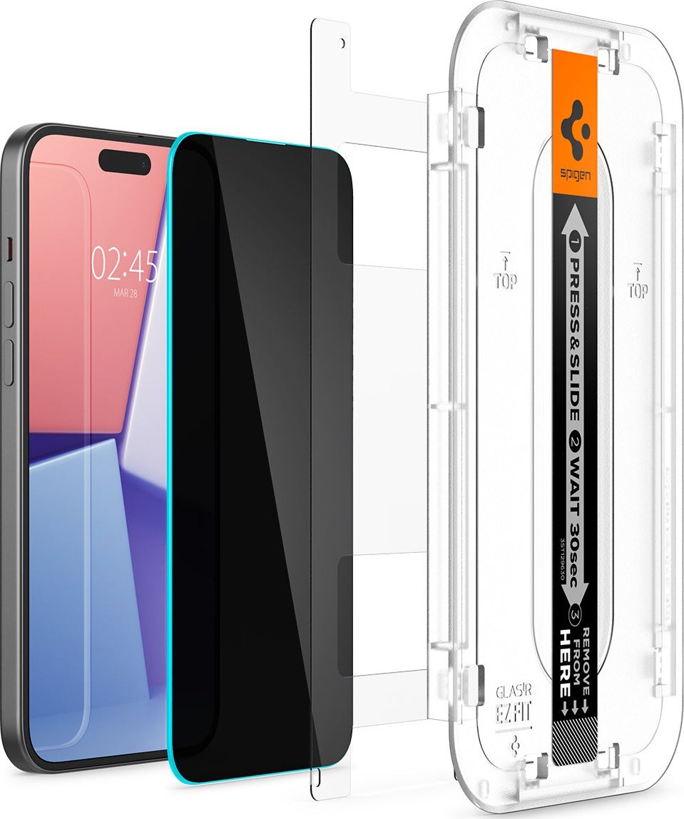Xham mbrojtës Spigen Glas TR EZ Fit Privacy për iPhone 15, 2 cope, transparent