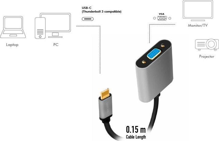 Adapter USB C në VGA, 1080p, trup alumini, kabllo 0.15m