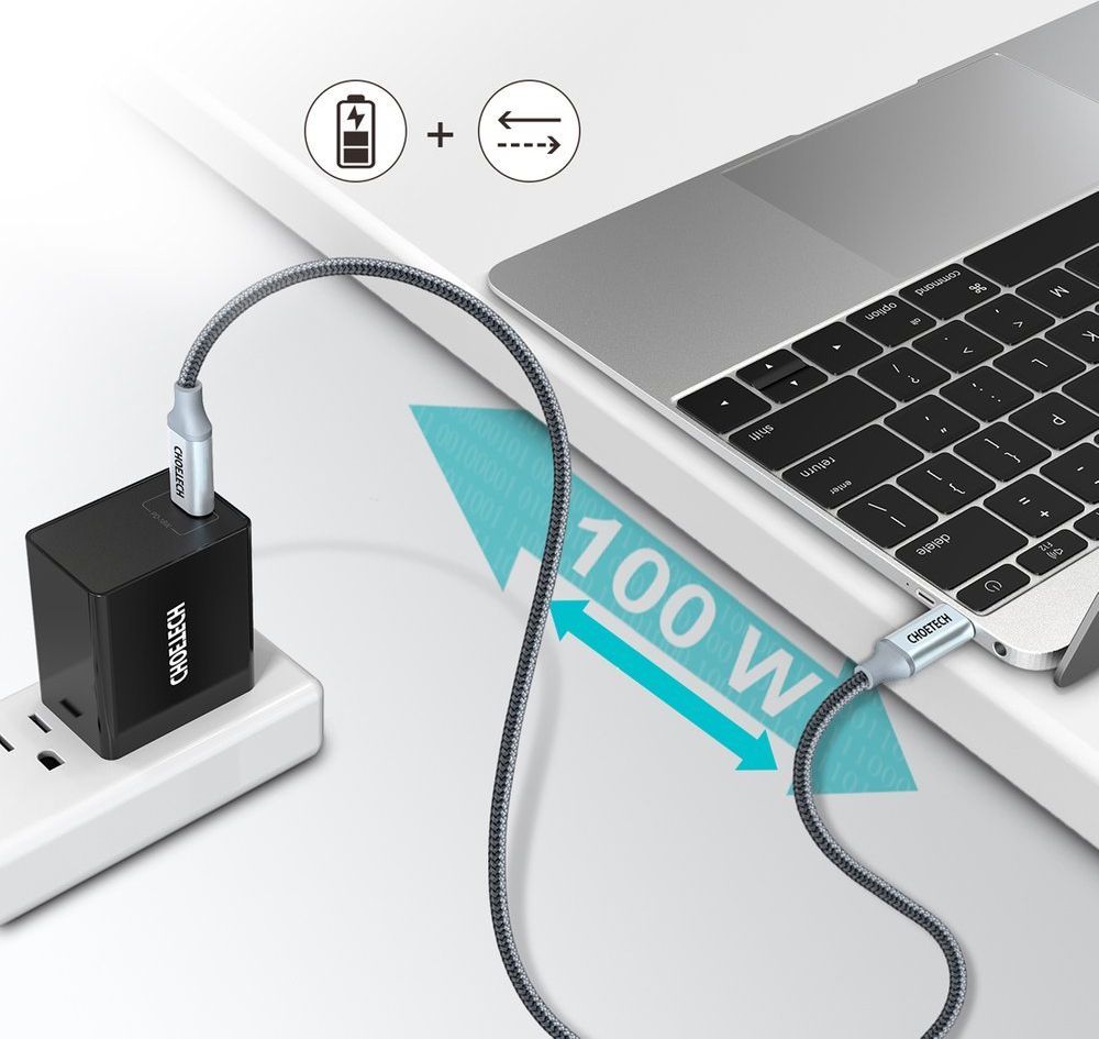 Kабел USB Choetech, USB C во USB C, 1.8 m, 100 W, сребрен