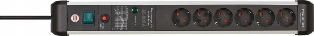 Prizë zgjatuese Brennenstuhl Premium Protect Line, 6 dalje, 3m, mbrojtje nga goditjet 60000A, e zezë argjendtë
