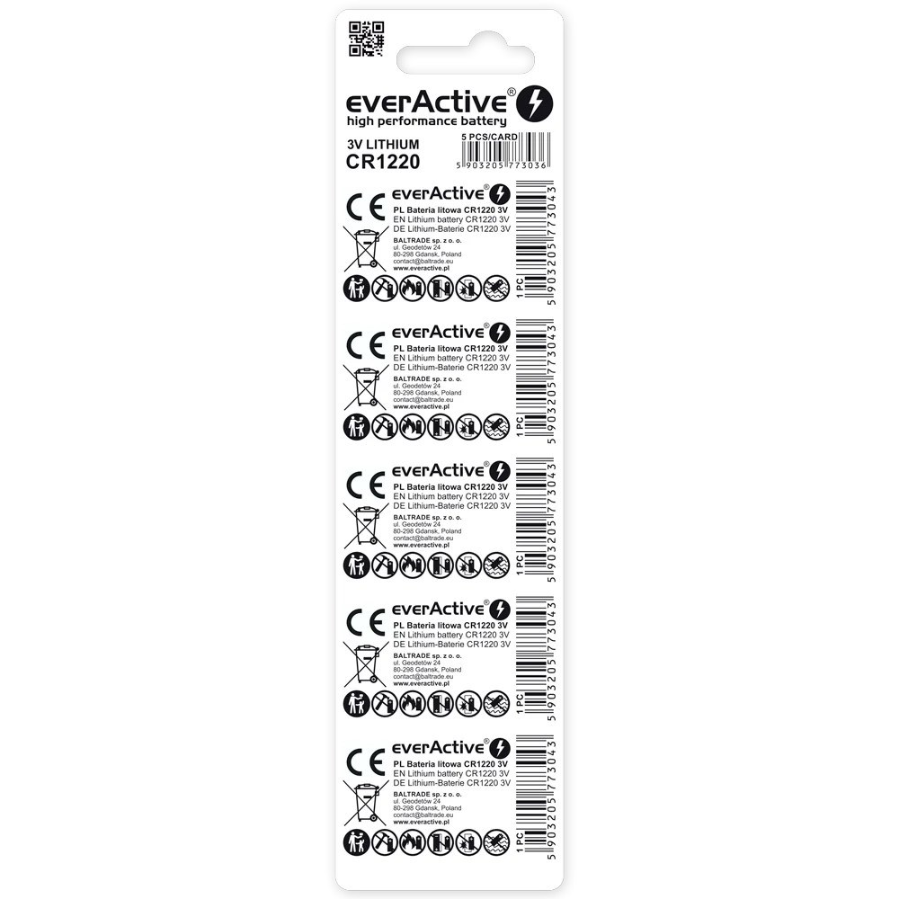 Bateri litium EverActive CR1220, 3V, paketim 5 copë