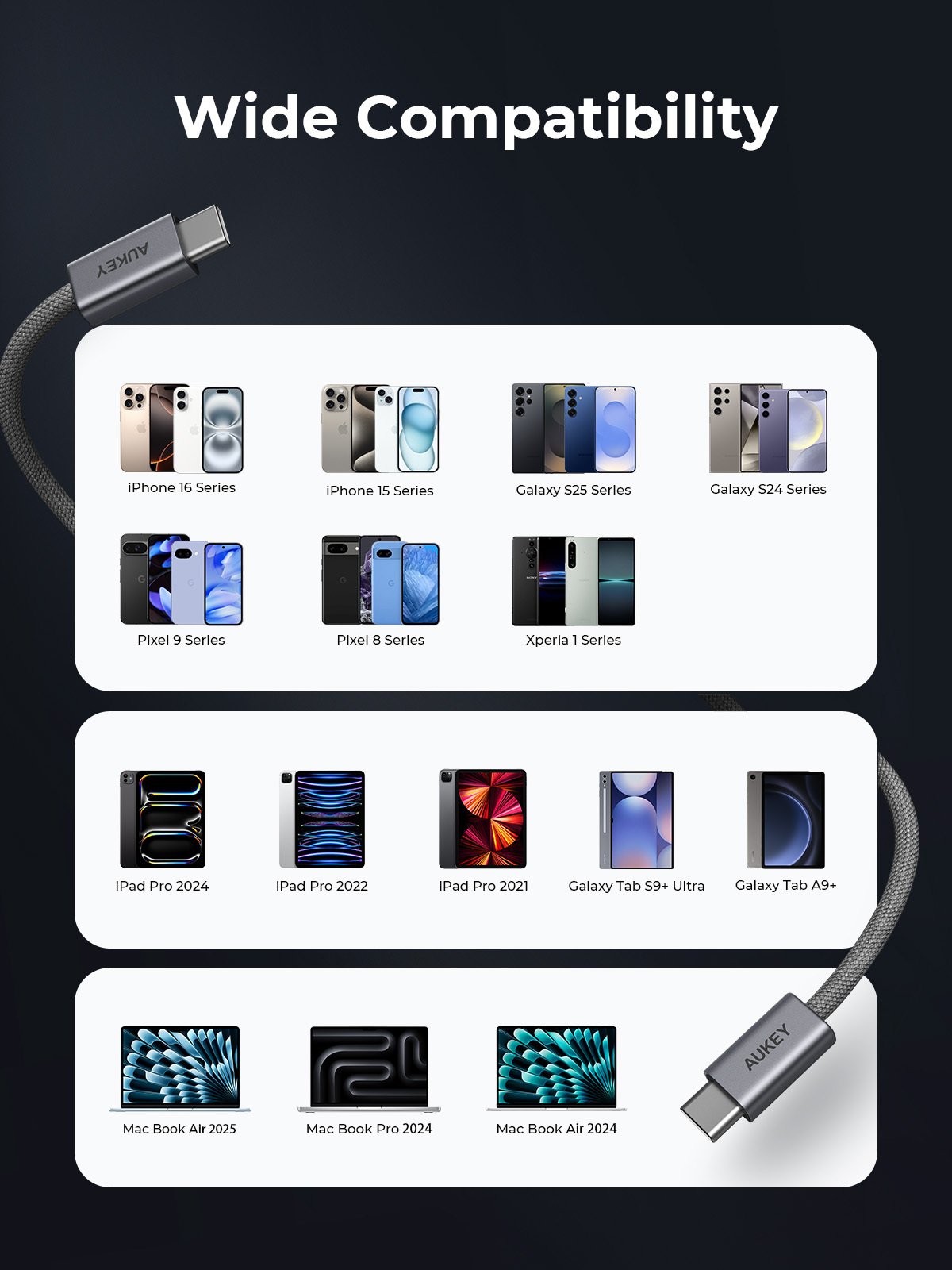 Кабел USB C во C Aukey Circlet Blink CB-DCC242, 1.8m, 240W, плетен