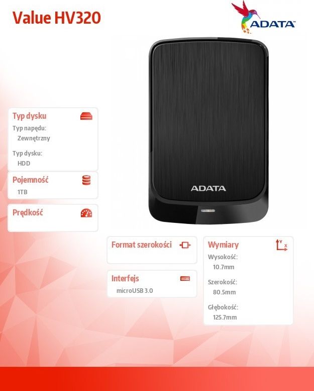 Hard disk i jashtëm ADATA HV320, 1TB, USB 3.1, i zi