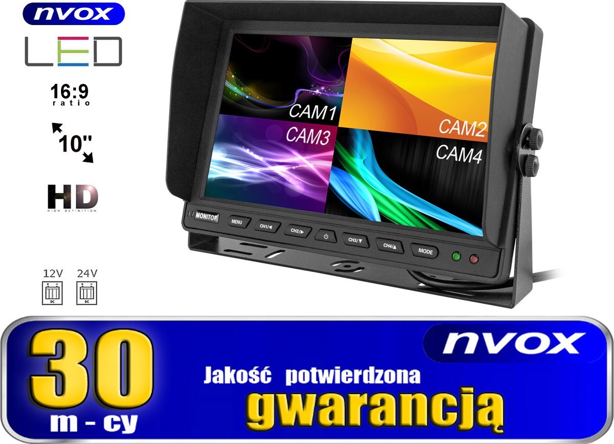 Monitor makine Nvox, 10", për 4 kamera 4PIN, 12V 24V, i zi