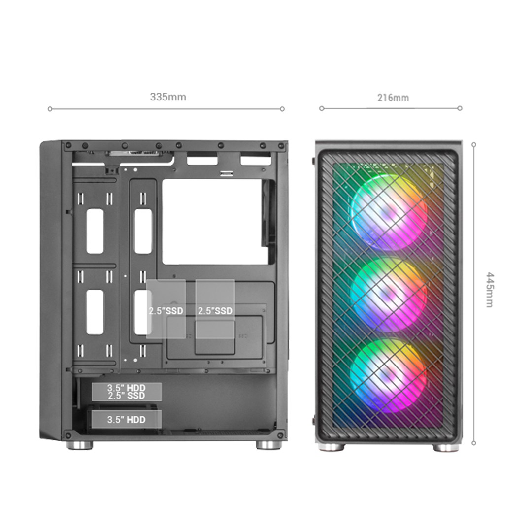 Kasa PC Mars Gaming MCF, MIDI Tower, ATX, RGB, e zezë