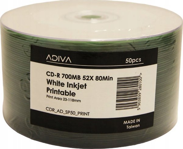 Disqe CD R Adiva, 700MB, 52x, 50 copë, të bardha të printueshme