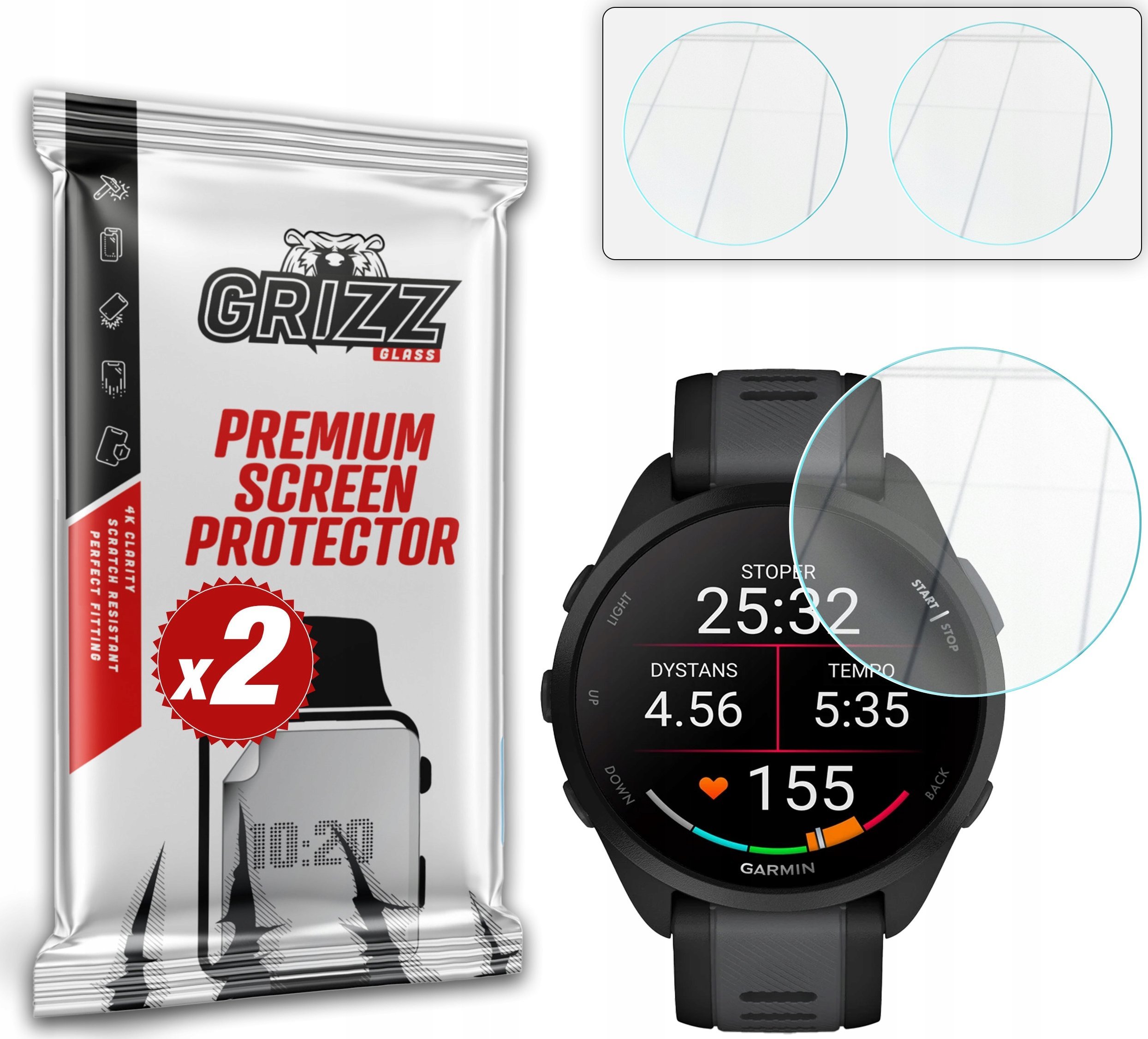 Xham mbrojtës Garmin Forerunner 165 Grizz HybridGlass, 2 copë, 9H, transparent