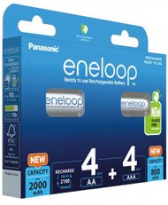 Set bateri rikarikueshme Panasonic Eneloop, 4x AA 2000mAh, 4x AAA 800mAh, të bardha