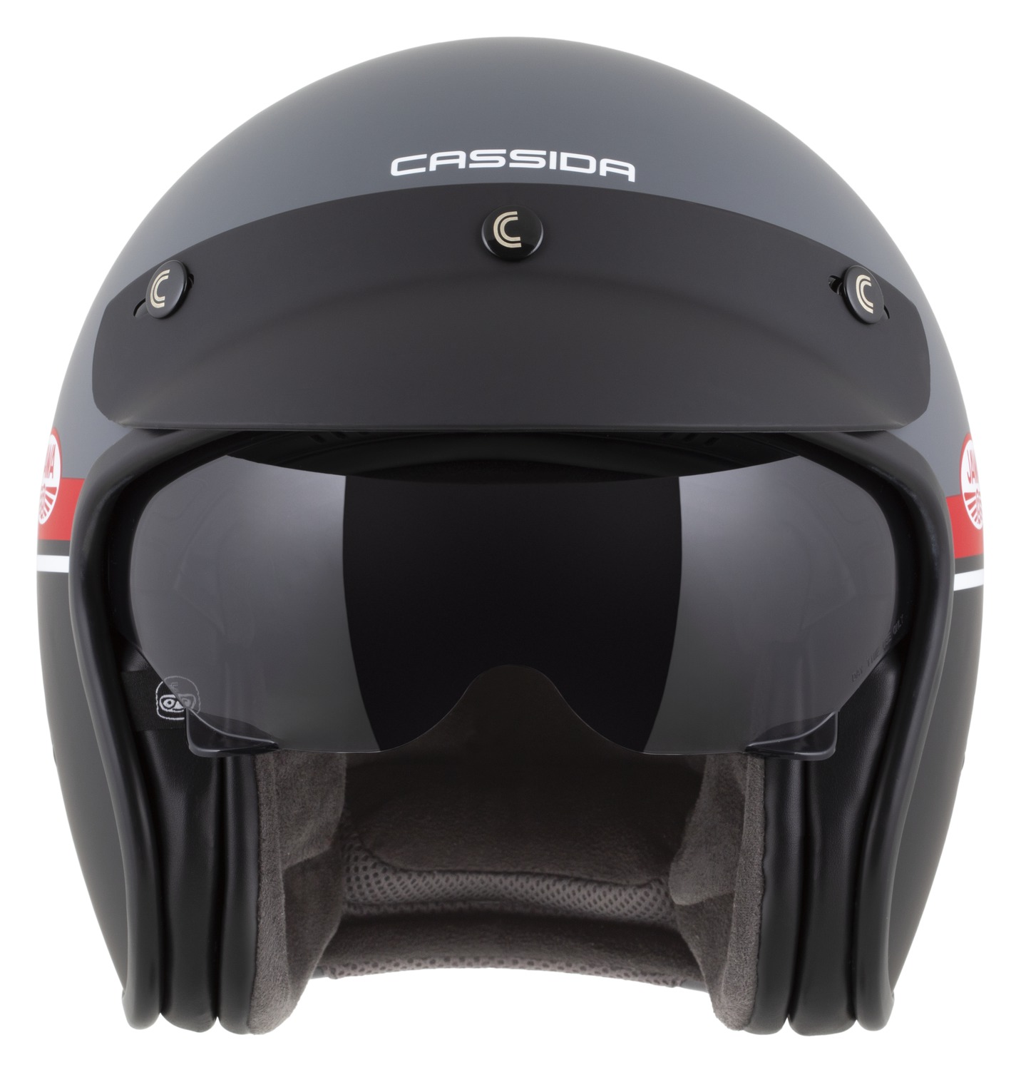 Helmetë moto CASSIDA Oxygen 2.0 Jawa OHC, e hapur, me diell të brendshëm, gri mat e kuqe e zezë e bardhë