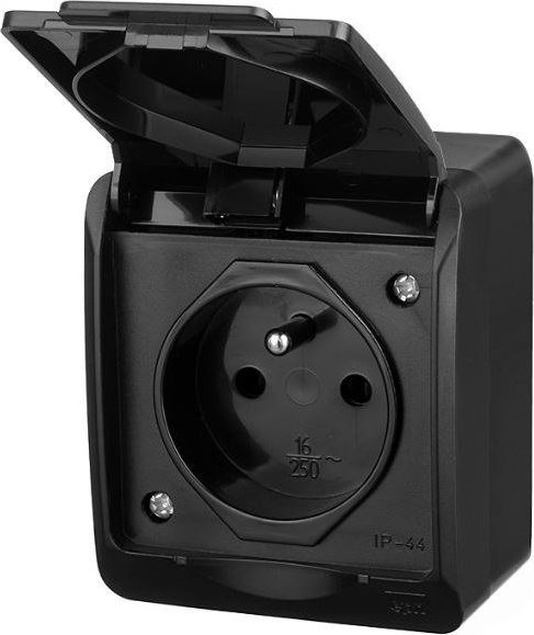 Prizë sipërfaqësore Elektro-Plast HERMES 0321-09, IP44, me tokëzim 2P+E, e zezë