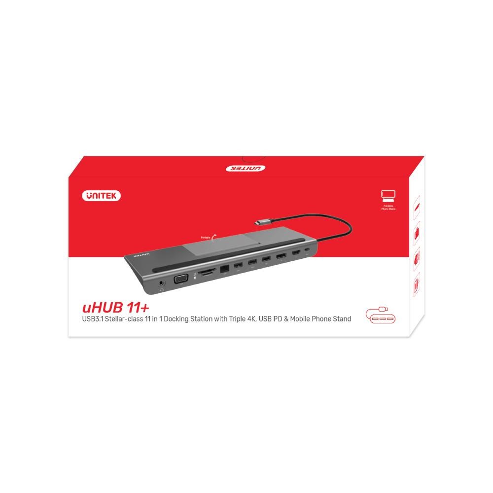 Stacion lidhës Unitek uHUB 11+, USB-C, 10 Gbps, 80W, i hirtë