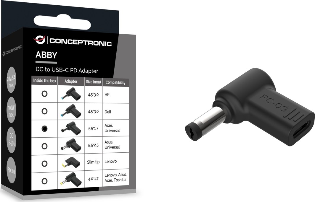 Adapter DC në USB C Conceptronic ABBY15PC03, 5.5x1.7mm, universal, i zi