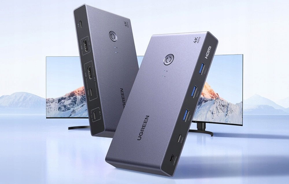Ndërprerës KVM UGREEN USB C HDMI, 1 monitor 2 kompjuterë, 4 porta USB 3.0, 4K 60Hz, alumini gri