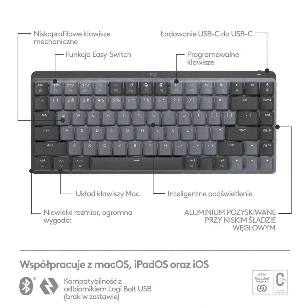 Tatierë Logitech MX Mechanical Mini për Mac, gri 